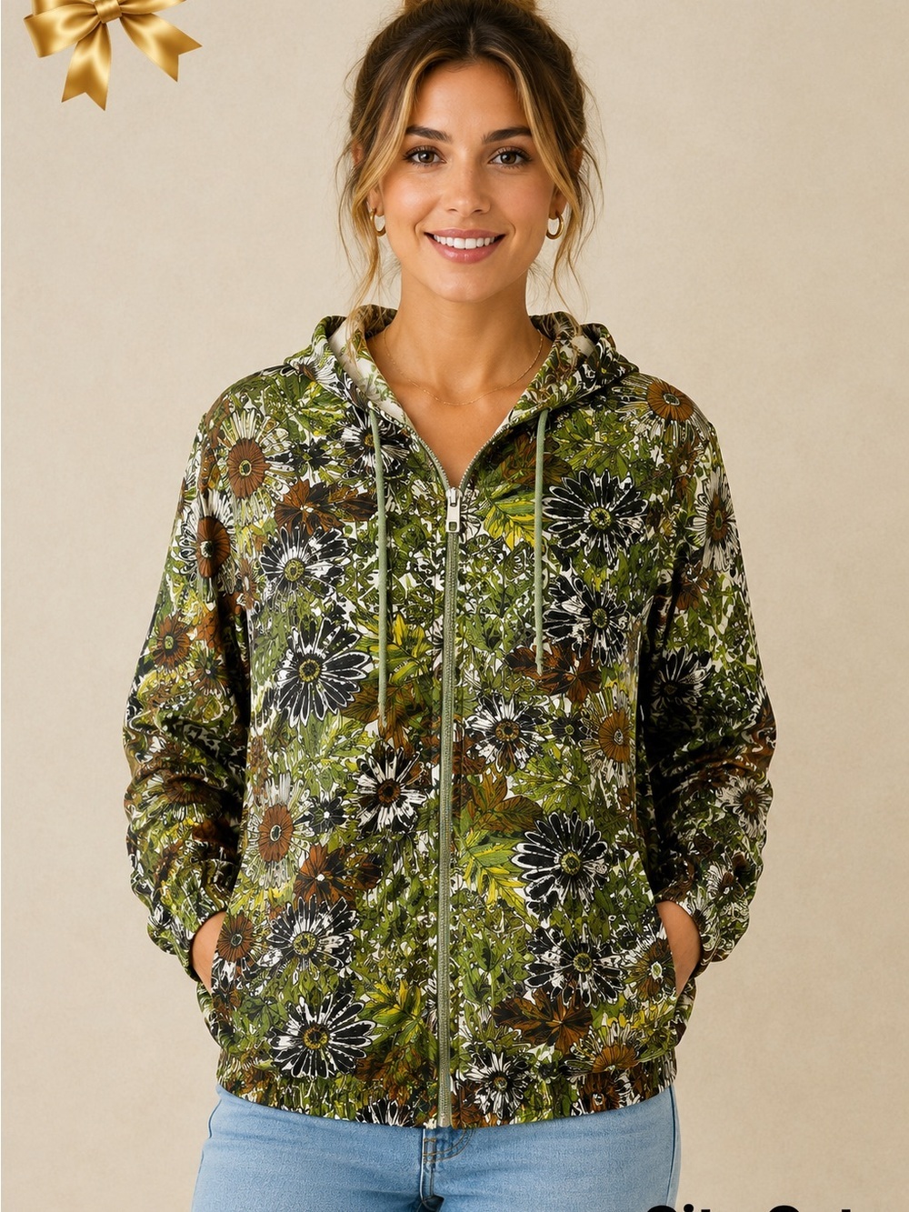 City Cats Floral Zip Hoodie Jacket L Green Botanical Boho Full Zip